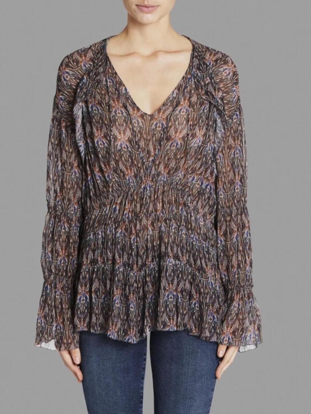 IRO Blue and Brown Long Sleeve Janie Printed Ruffle Tunic Top - Size - 38